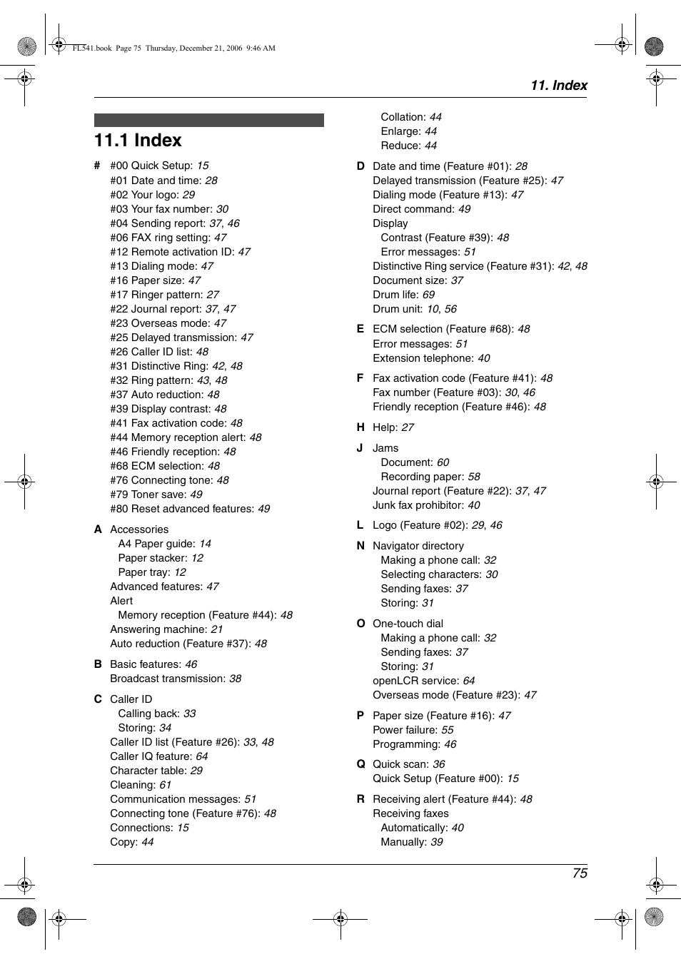 Index, 1 index, Index 75 | Panasonic KX-FL541 User Manual | Page 77 / 82