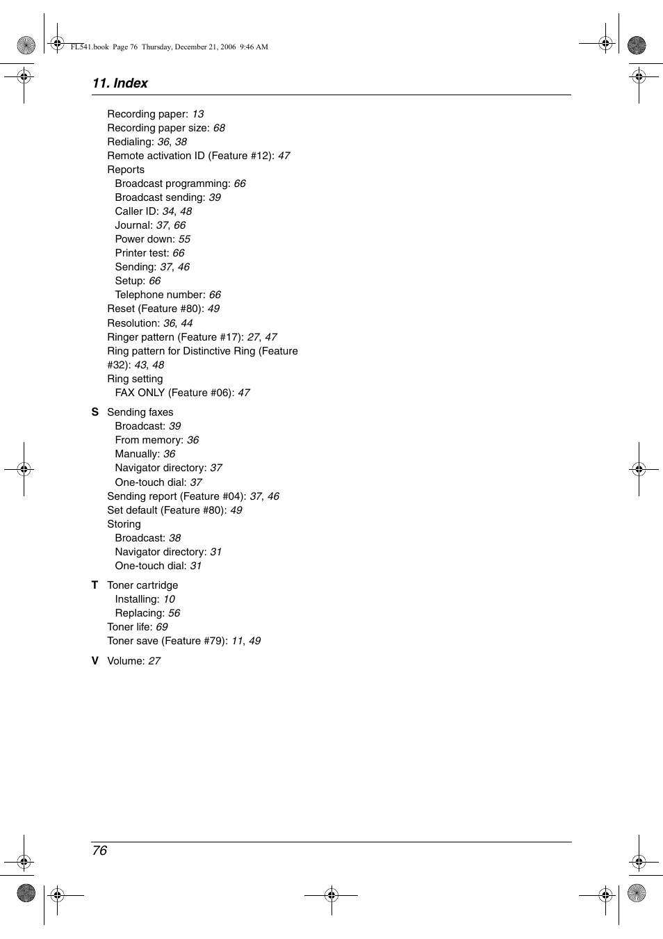 Index 76 | Panasonic KX-FL541 User Manual | Page 78 / 82