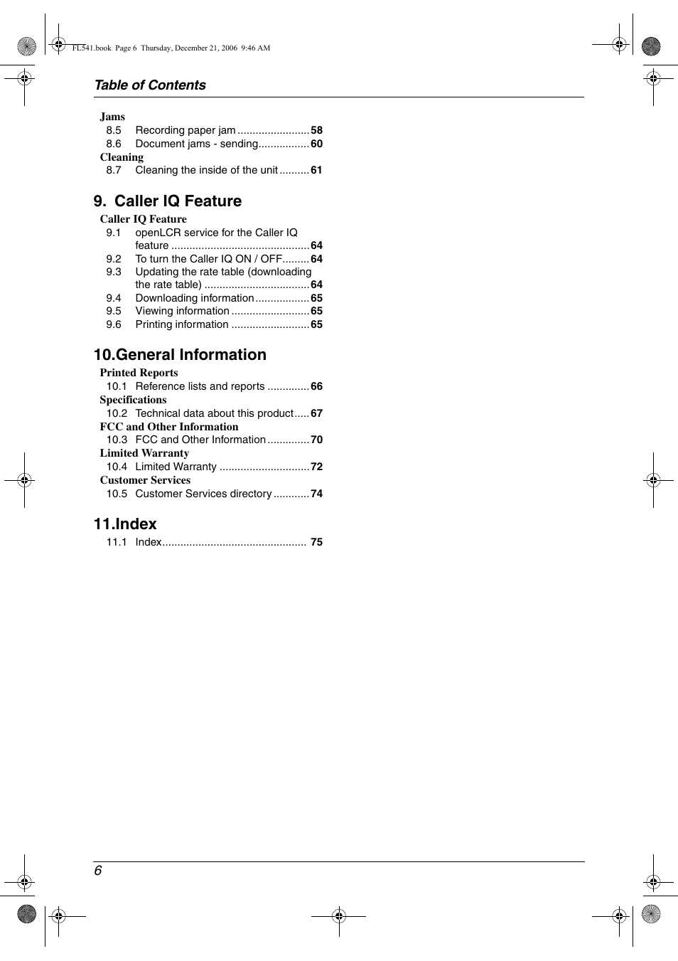 Caller iq feature, General information, Index | Panasonic KX-FL541 User Manual | Page 8 / 82