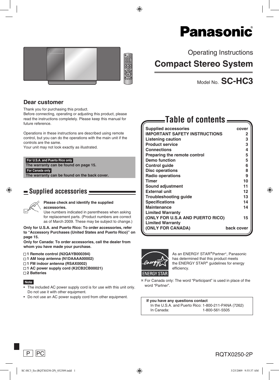 Panasonic SC-HC3 User Manual | 16 pages