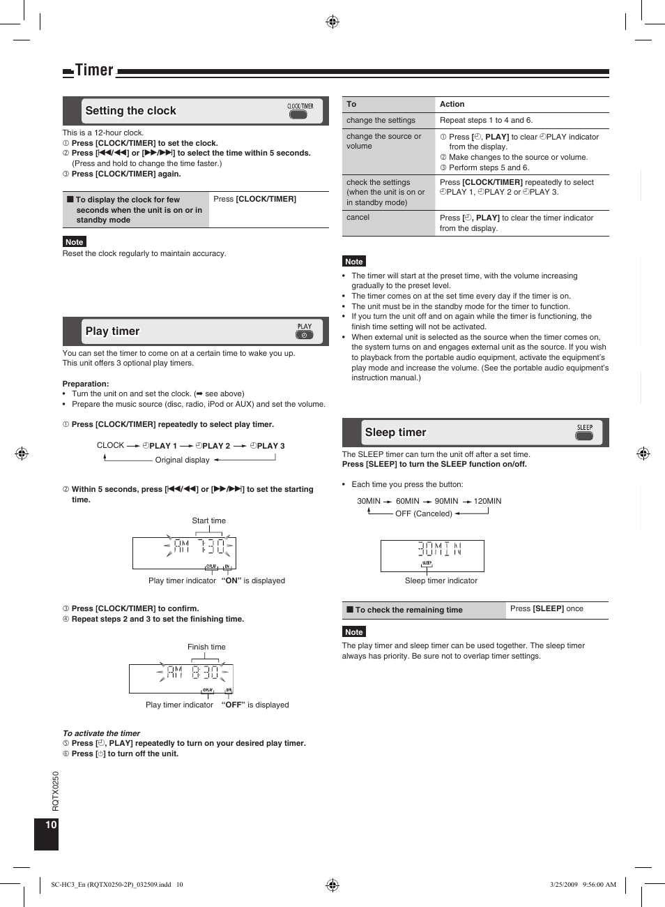 Timer, Setting the clock, Sleep timer | Play timer | Panasonic SC-HC3 User Manual | Page 10 / 16