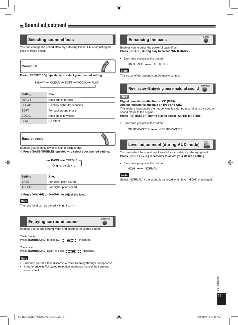 Sound adjustment, Selecting sound effects, Enjoying surround sound | Enhancing the bass, Sleep timer, Level adjustment (during aux mode) | Panasonic SC-HC3 User Manual | Page 11 / 16