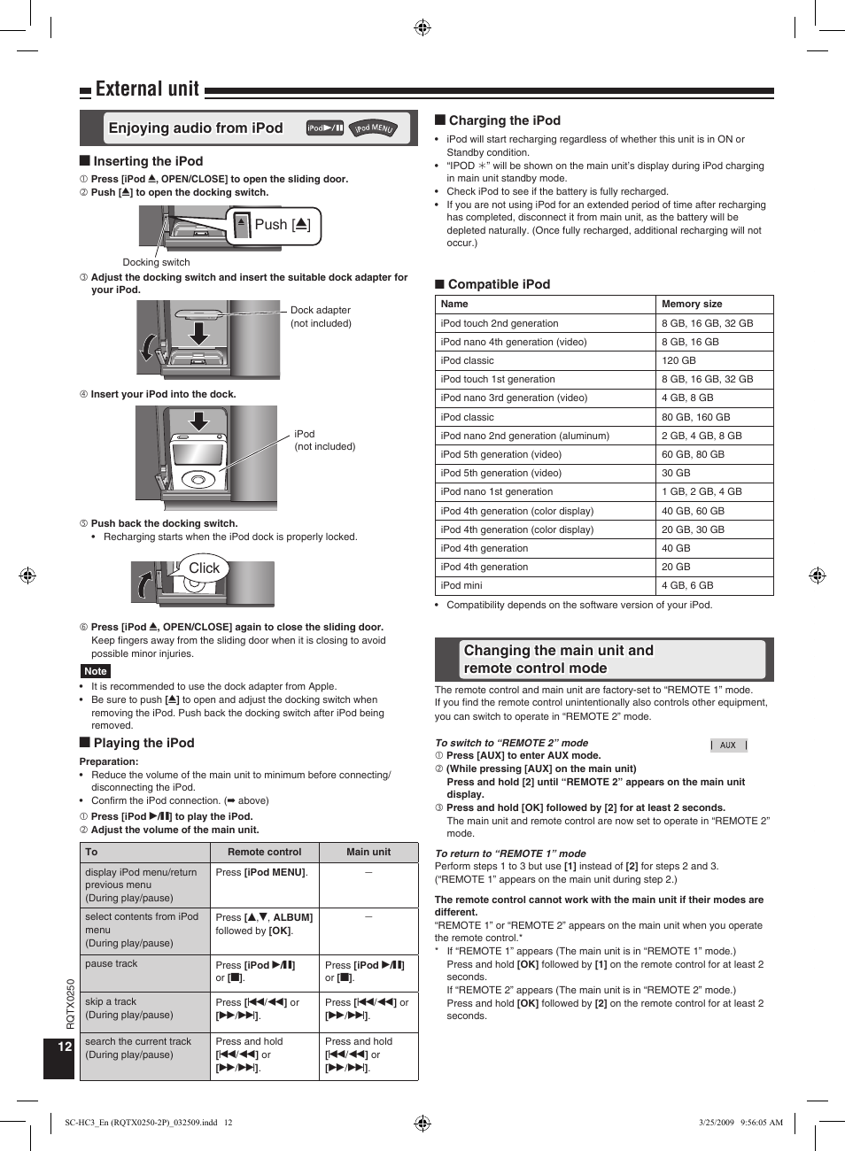 External unit, Changing the main unit and remote control mode, Enjoying audio from ipod push | Click | Panasonic SC-HC3 User Manual | Page 12 / 16