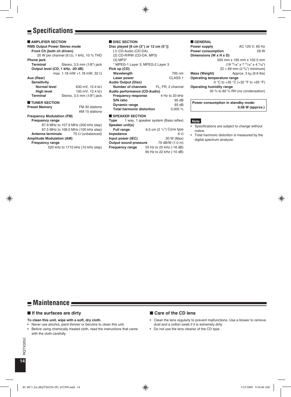 Specifications, Maintenance | Panasonic SC-HC3 User Manual | Page 14 / 16