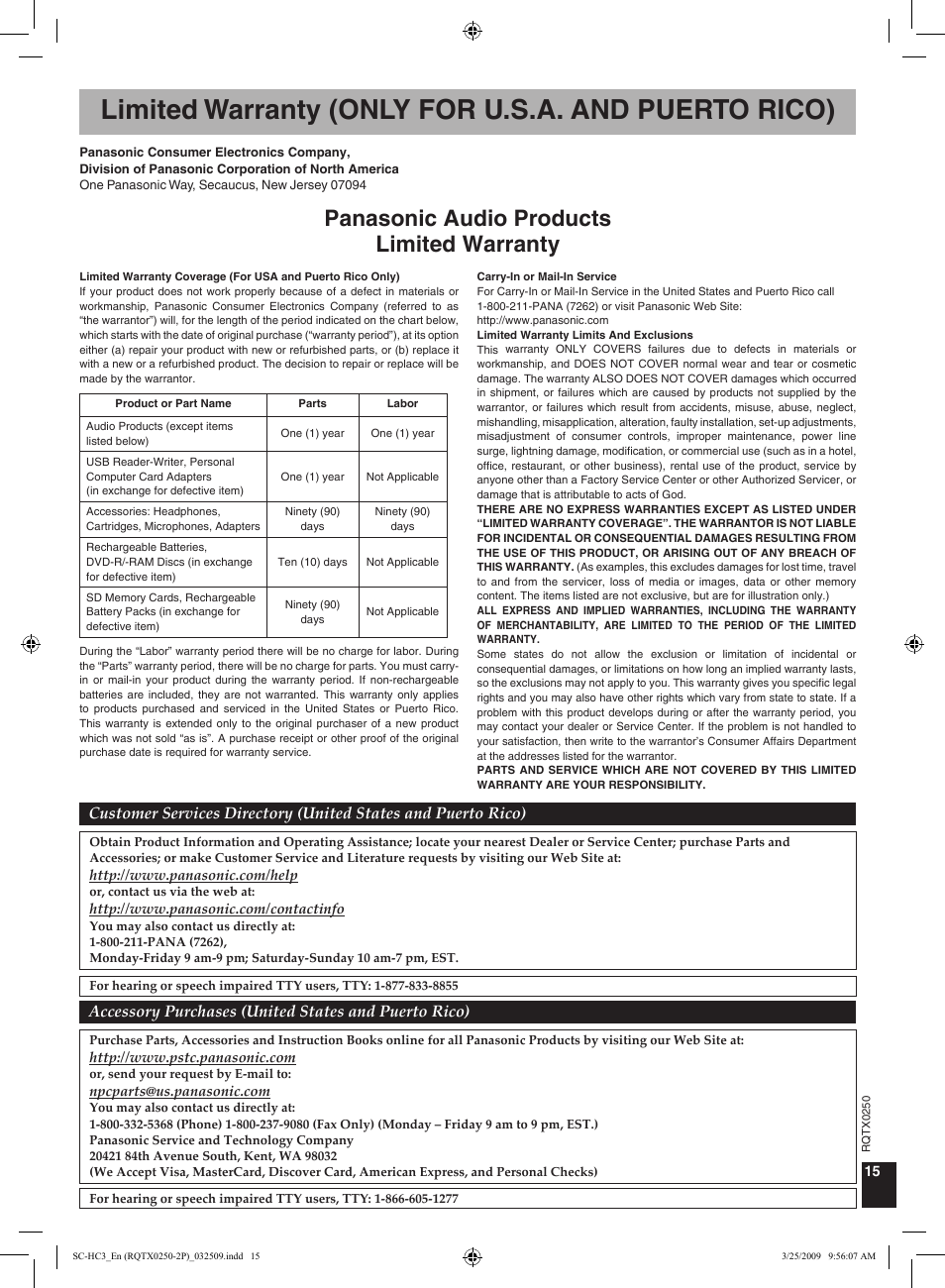 Limited warranty (only for u.s.a and puerto rico), Limited warranty (only for u.s.a. and puerto rico), Panasonic audio products limited warranty | Maintenance | Panasonic SC-HC3 User Manual | Page 15 / 16