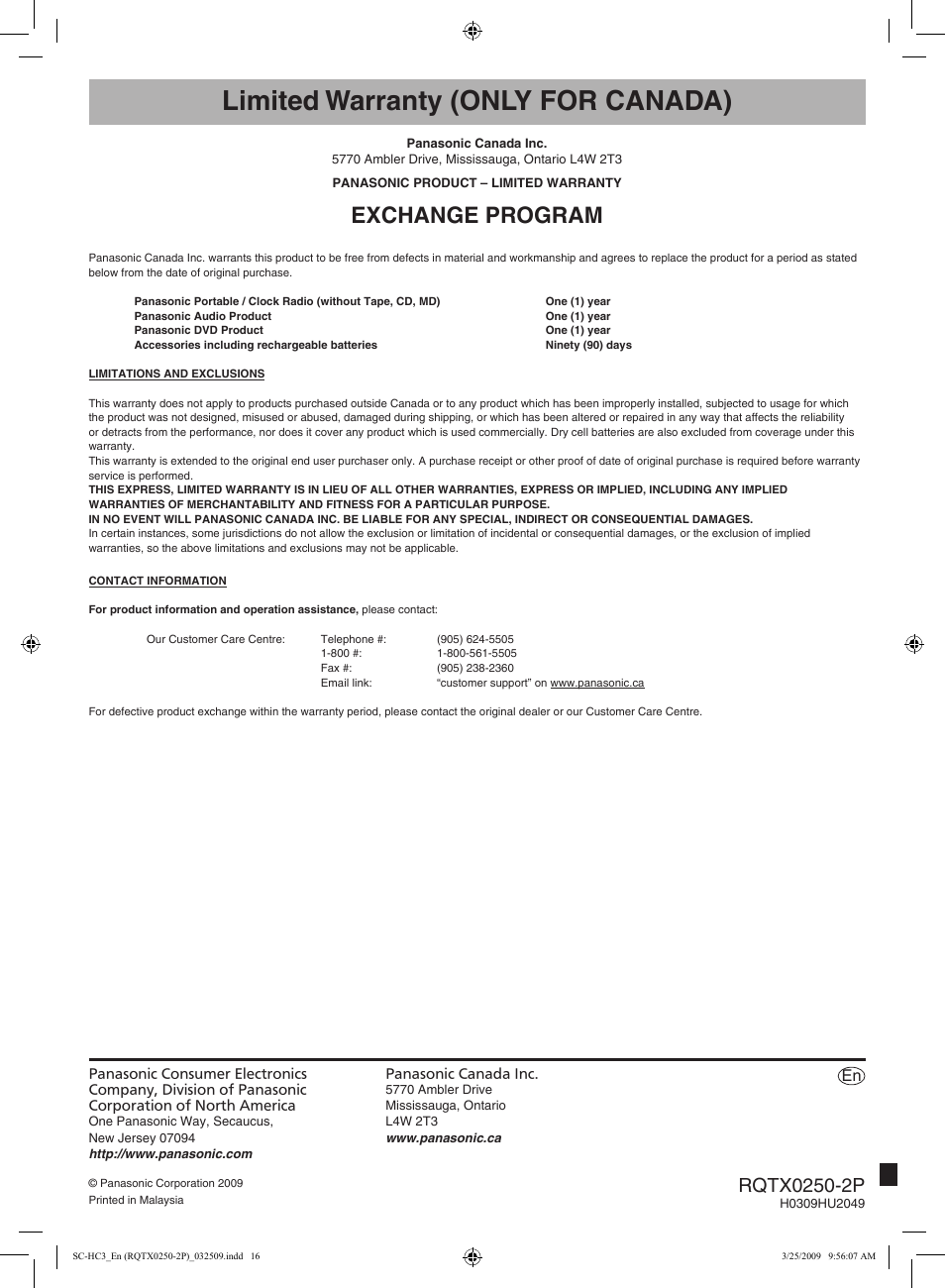 Limited warranty(only for canada), Limited warranty (only for canada), Exchange program | Panasonic SC-HC3 User Manual | Page 16 / 16