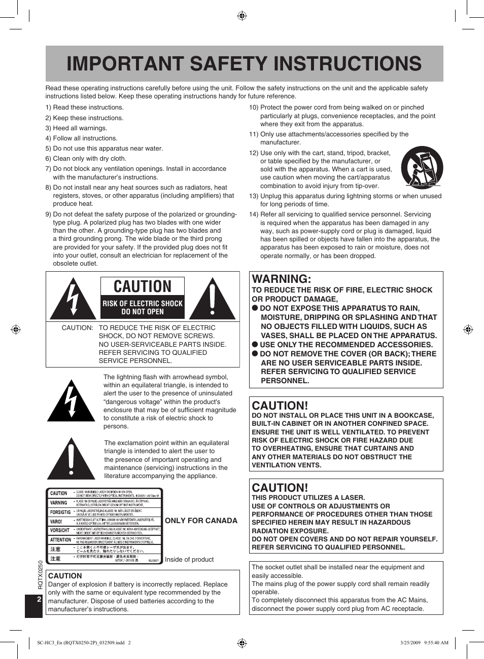 Important safety instructions, Caution, Warning | Panasonic SC-HC3 User Manual | Page 2 / 16