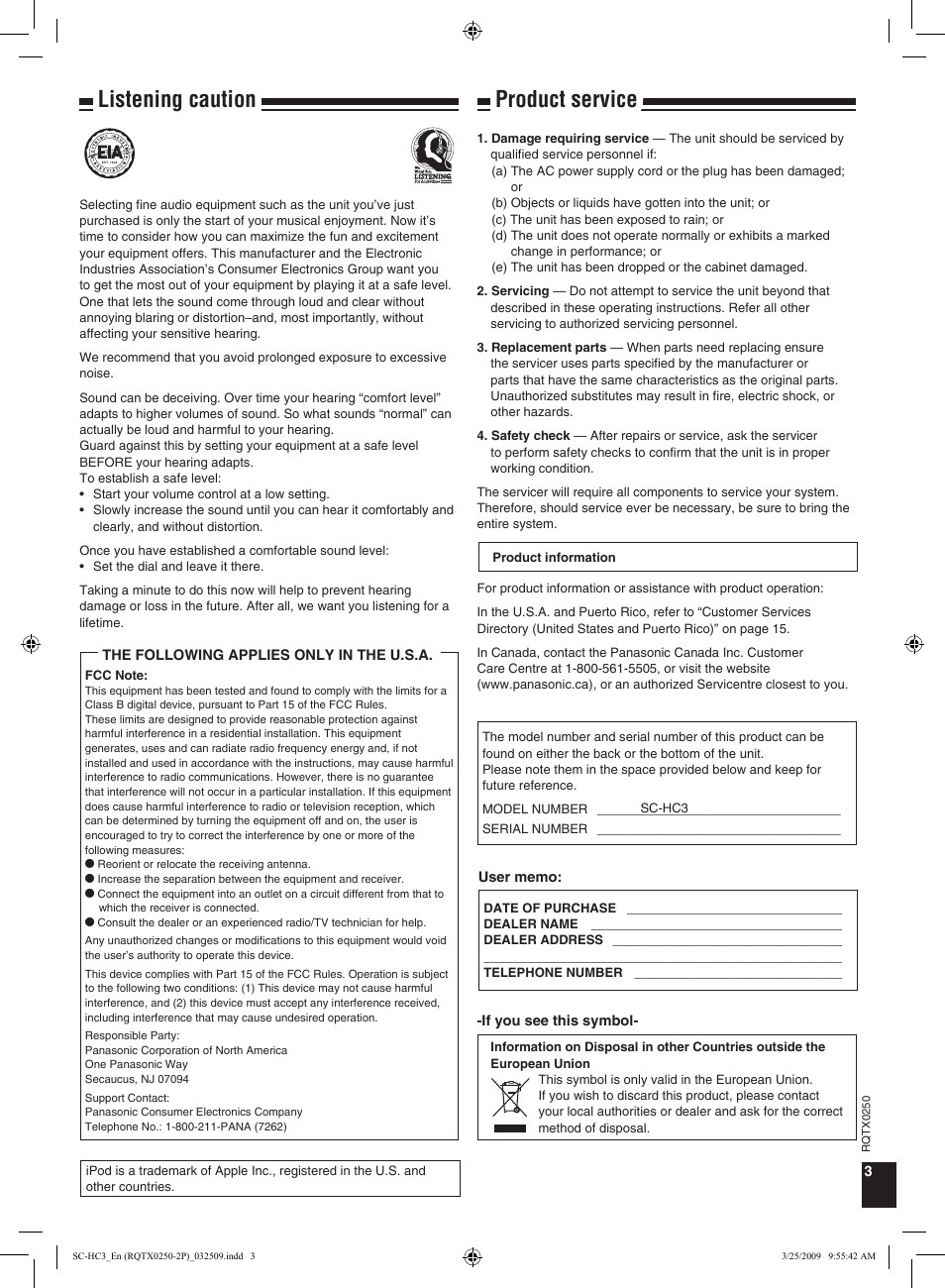Listening caution, 3product service, Product service | Panasonic SC-HC3 User Manual | Page 3 / 16