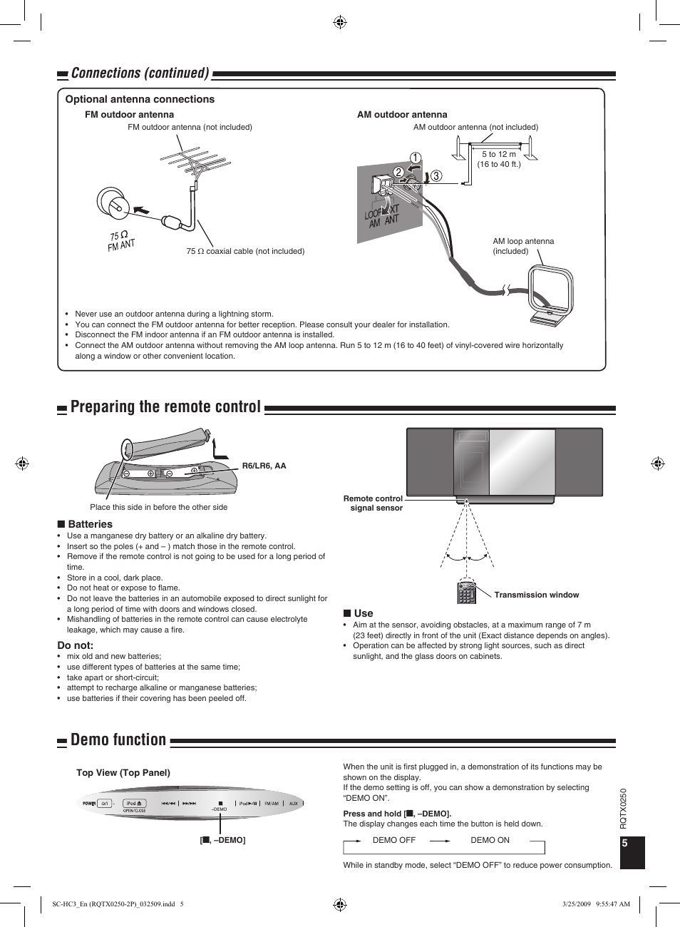 Preparing the remote control, Demo function, Preparing the remote control demo function | Connections (continued) | Panasonic SC-HC3 User Manual | Page 5 / 16