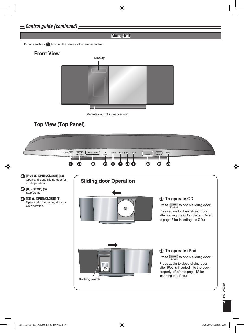 Control guide (continued), Top view (top panel) front view, Sliding door operation | Main unit | Panasonic SC-HC3 User Manual | Page 7 / 16