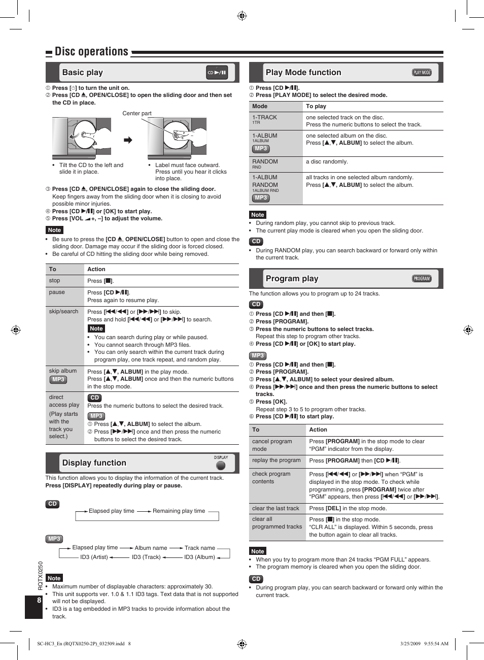 Disc operations, Basic play, Program play | Play mode function, Display function | Panasonic SC-HC3 User Manual | Page 8 / 16