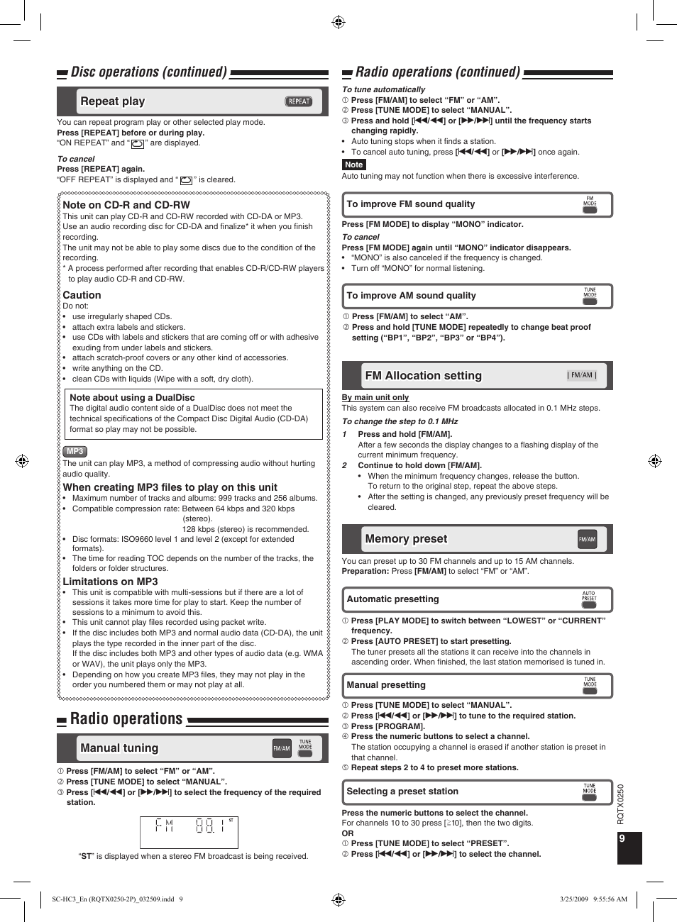 Radio operations, Disc operations (continued), Radio operations (continued) | Repeat play, Fm allocation setting, Manual tuning | Panasonic SC-HC3 User Manual | Page 9 / 16