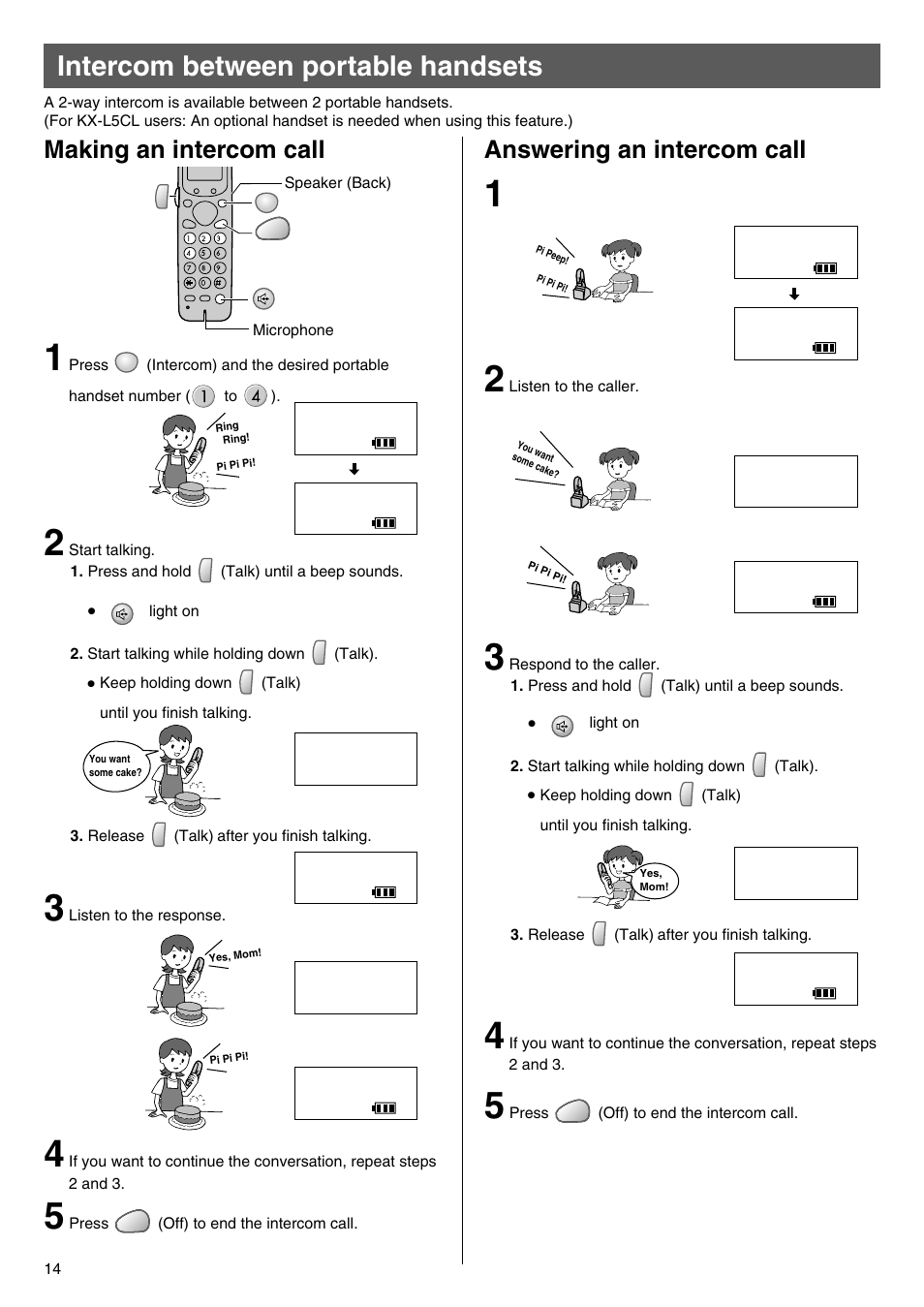 Intercom between portable handsets, Making an intercom call answering an intercom call | Panasonic KX-L5CW User Manual | Page 14 / 28