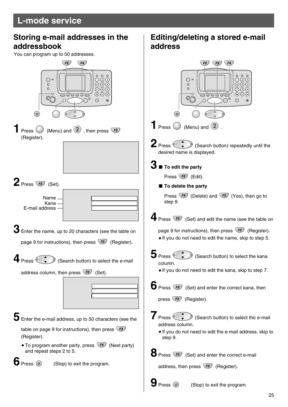 L-mode service, Storing e-mail addresses in the addressbook, Editing/deleting a stored e-mail address | Panasonic KX-L5CW User Manual | Page 25 / 28