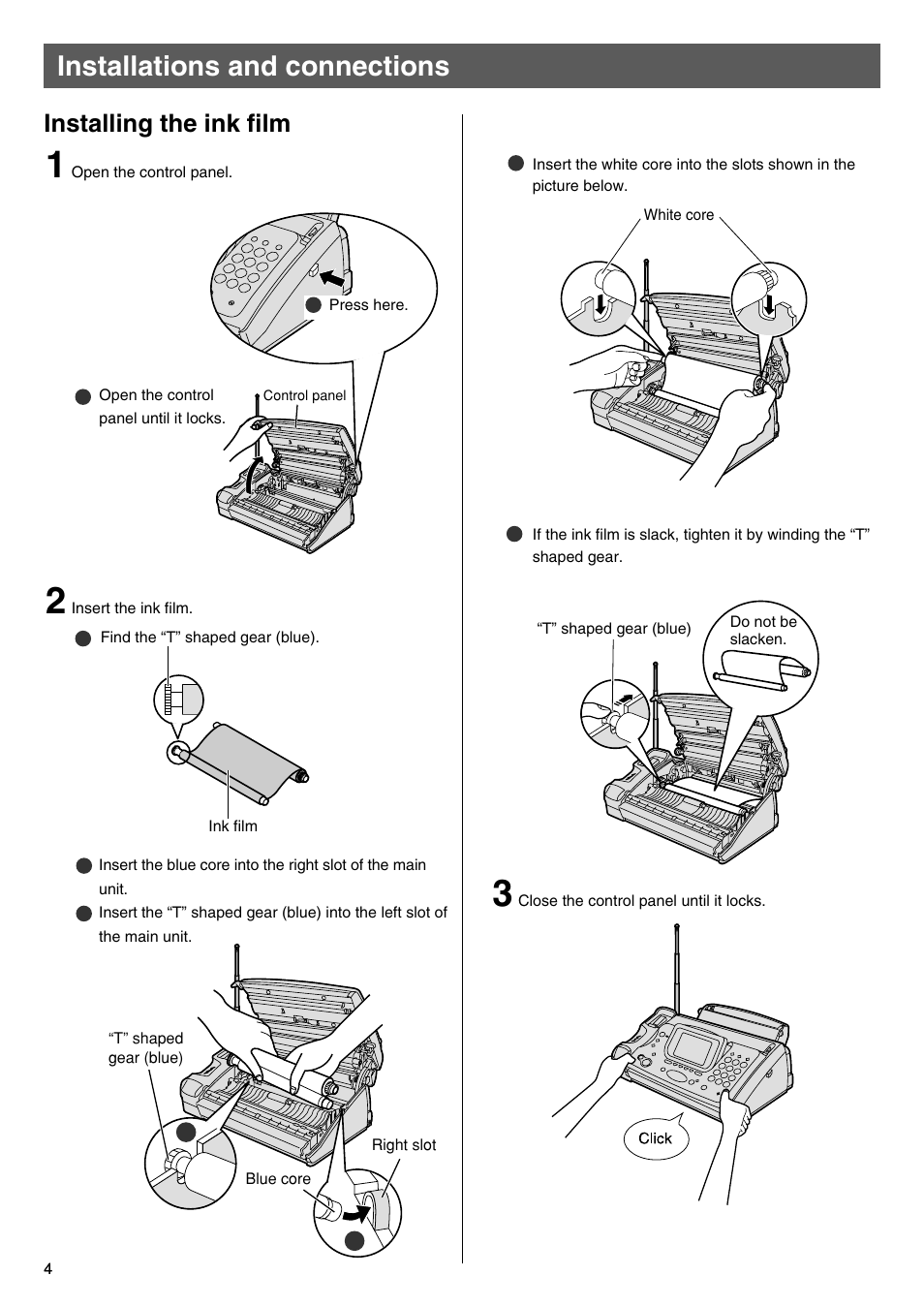 Installations and connections, Installing the ink film | Panasonic KX-L5CW User Manual | Page 4 / 28