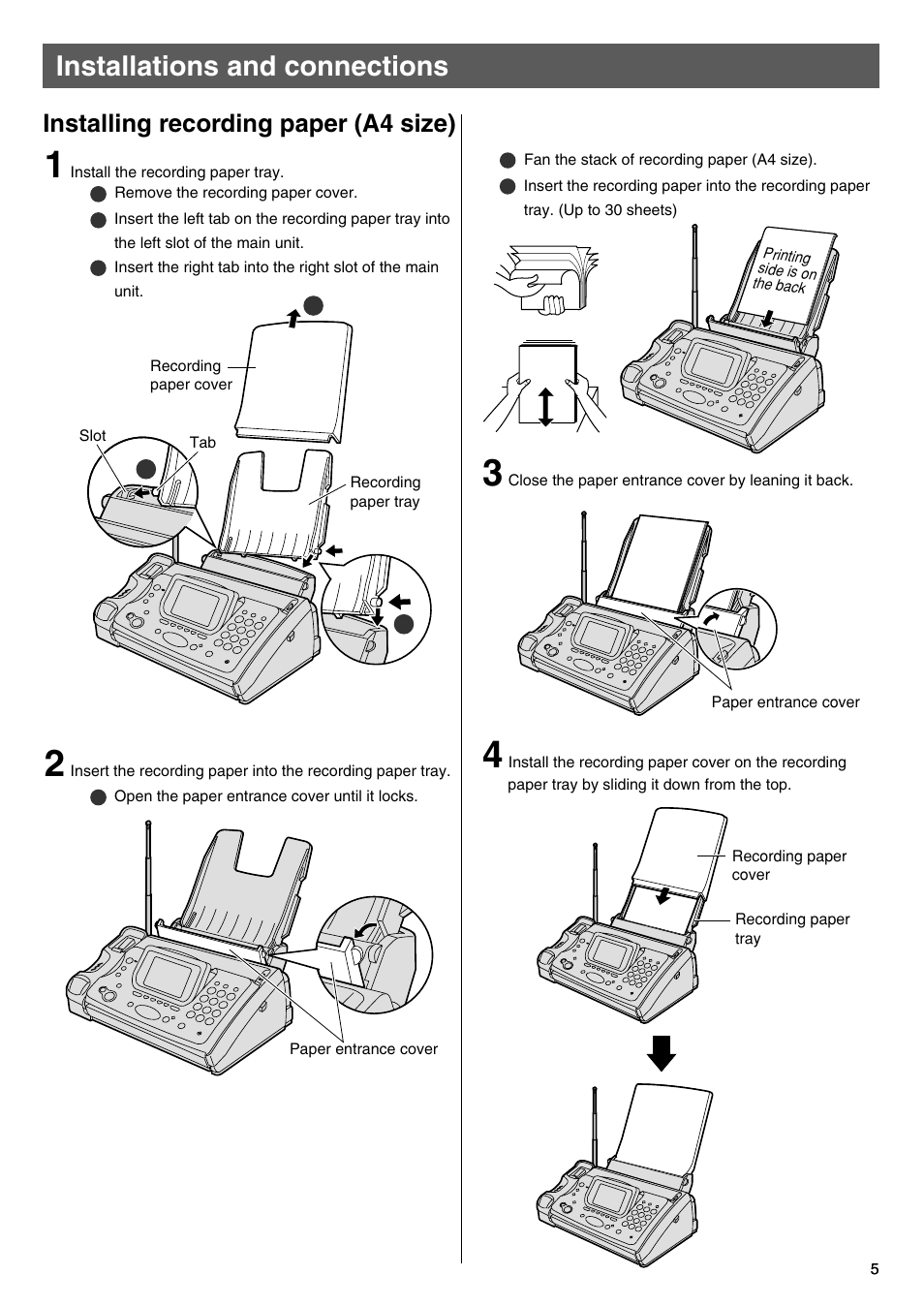 Installations and connections, Installing recording paper (a4 size) | Panasonic KX-L5CW User Manual | Page 5 / 28