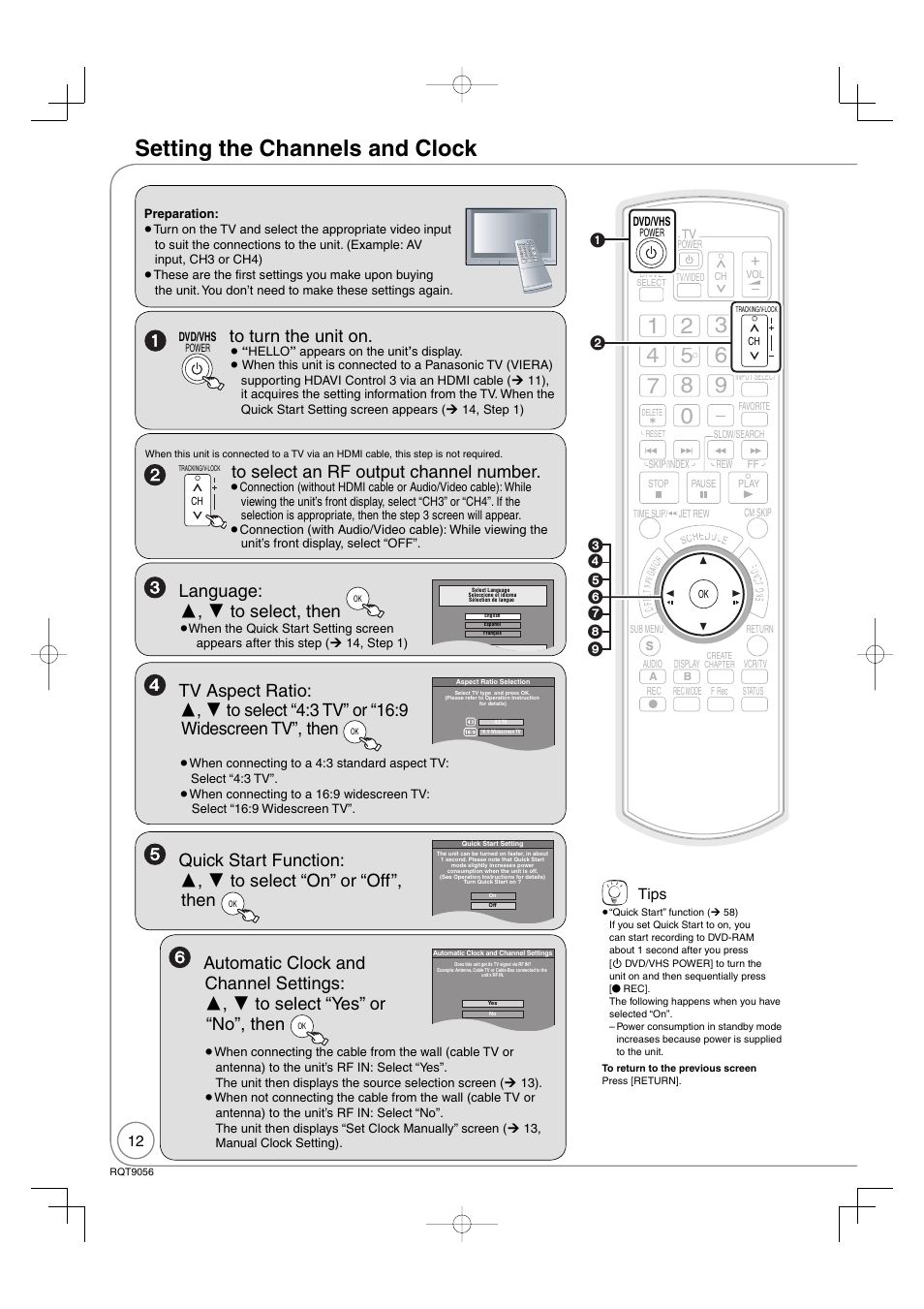 Setting the channels and clock, Language: ,  to select, then | Panasonic DIGA DMR-EZ48V User Manual | Page 12 / 100