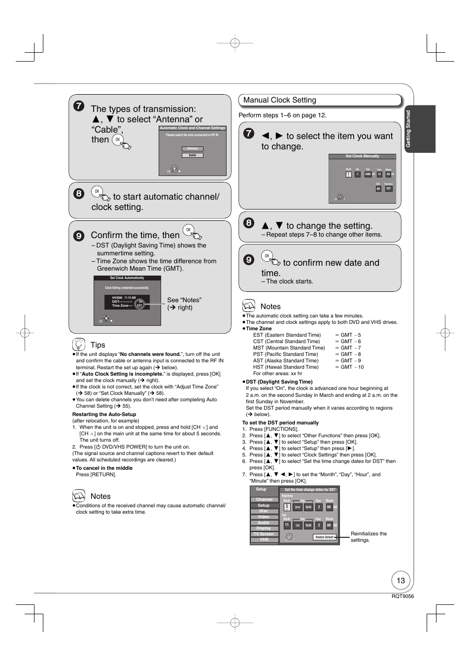 Confi rm the time, then, Tips, Manual clock setting | Panasonic DIGA DMR-EZ48V User Manual | Page 13 / 100