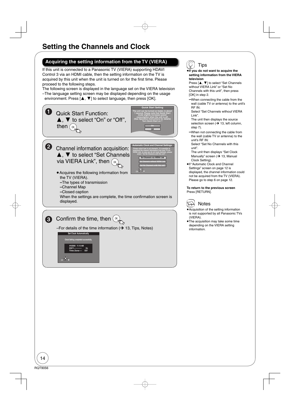Setting the channels and clock, Confi rm the time, then, Tips | Panasonic DIGA DMR-EZ48V User Manual | Page 14 / 100