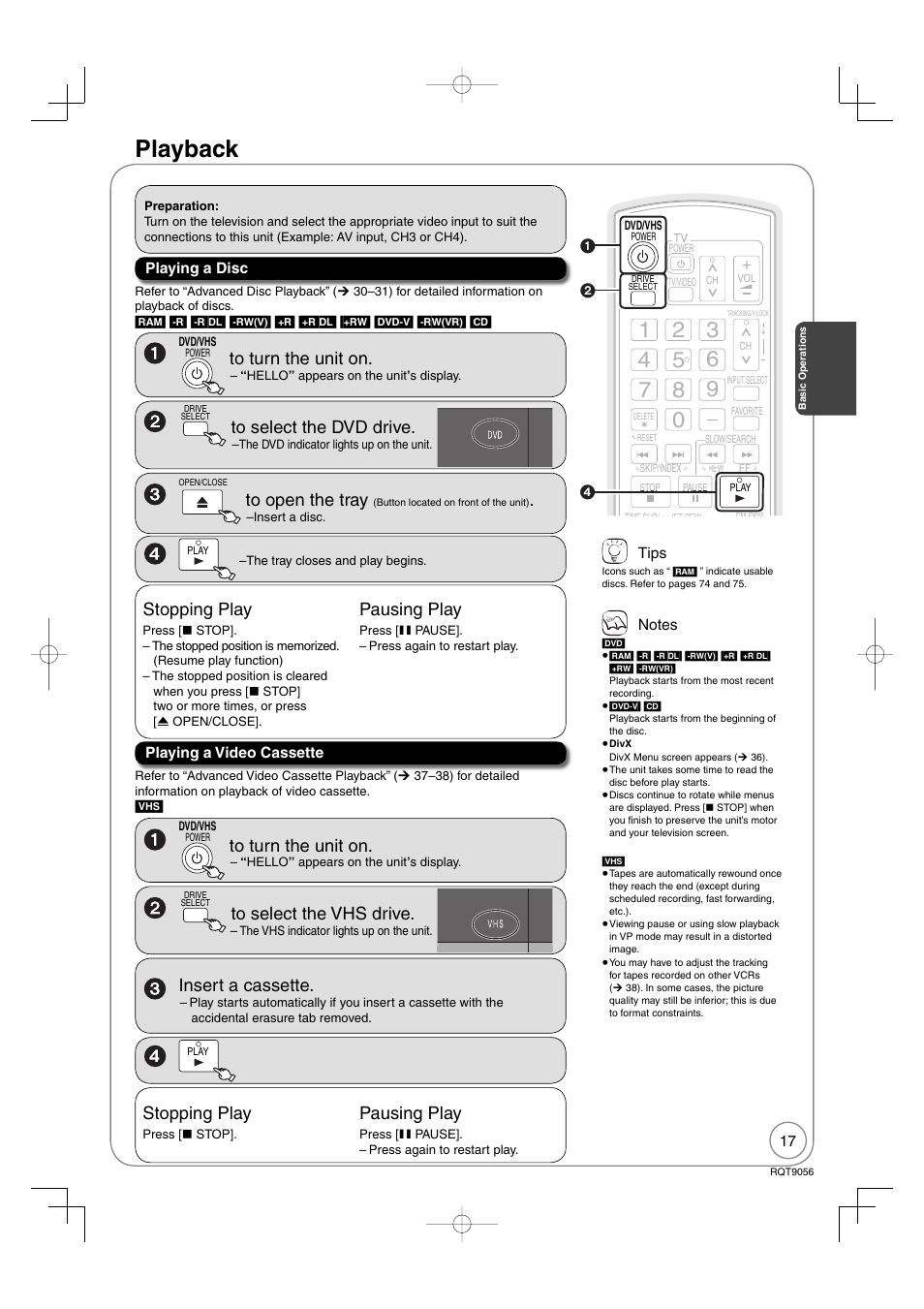 Playback, Insert a cassette, Stopping play | Pausing play | Panasonic DIGA DMR-EZ48V User Manual | Page 17 / 100