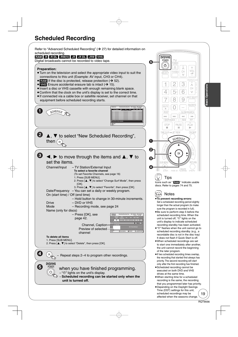 Scheduled recording, When you have fi nished programming, Tips | Panasonic DIGA DMR-EZ48V User Manual | Page 19 / 100