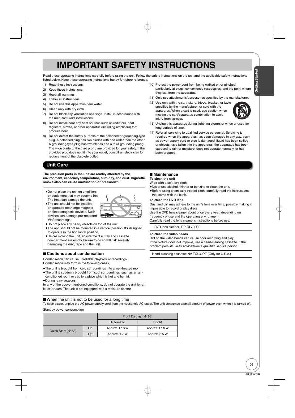Important safety instructions, Unit care | Panasonic DIGA DMR-EZ48V User Manual | Page 3 / 100