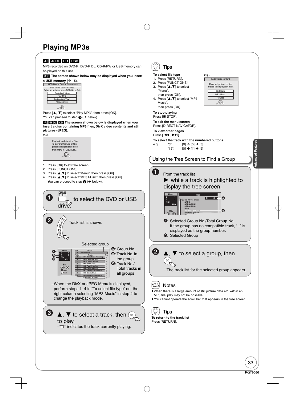 Playing mp3s, Tips, Using the tree screen to find a group | Panasonic DIGA DMR-EZ48V User Manual | Page 33 / 100