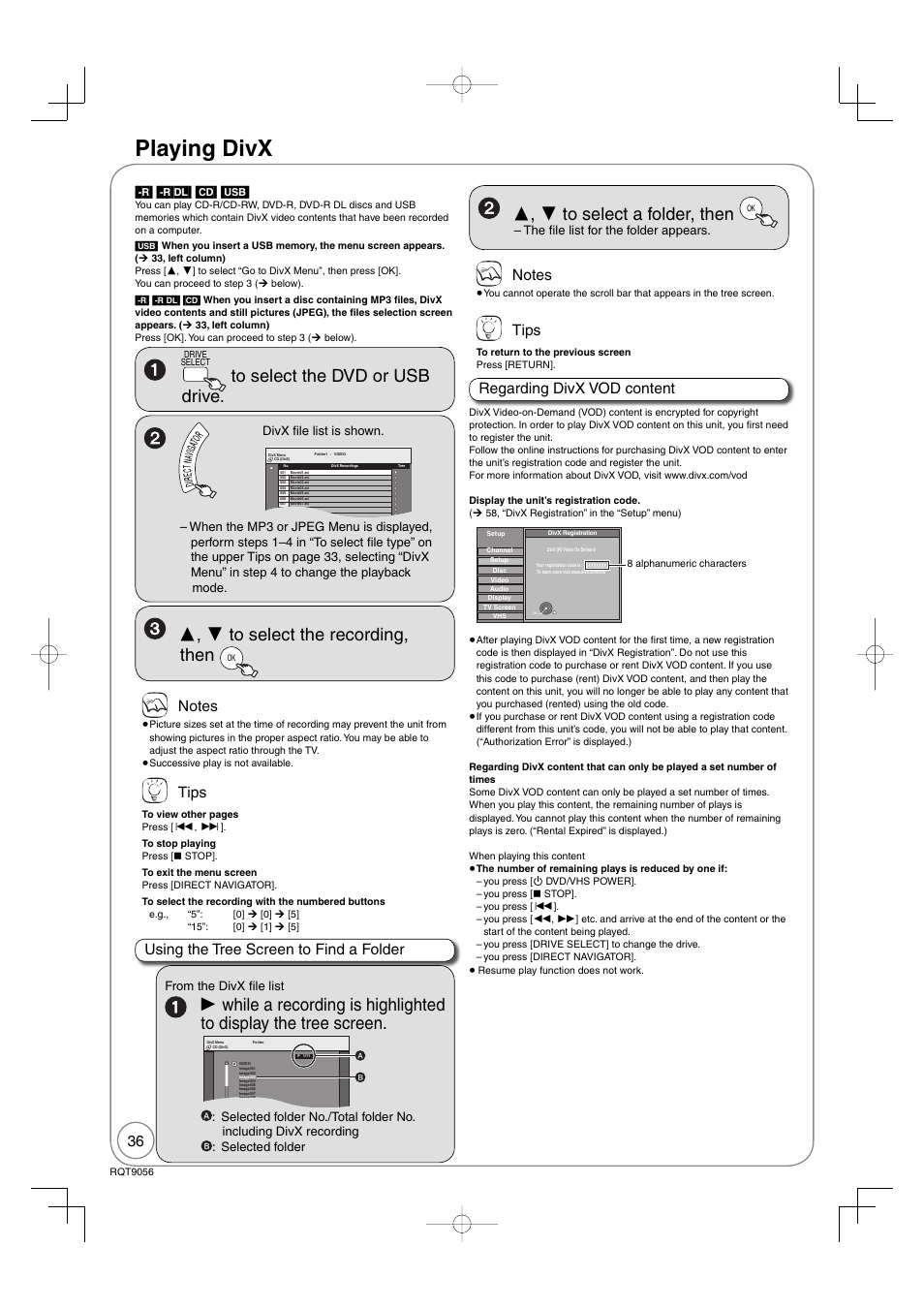 Playing divx, Tips, Regarding divx vod content | Using the tree screen to find a folder | Panasonic DIGA DMR-EZ48V User Manual | Page 36 / 100