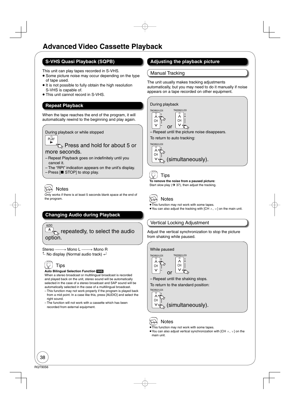 Advanced video cassette playback, Press and hold for about 5 or more seconds, Simultaneously) | Repeatedly, to select the audio option | Panasonic DIGA DMR-EZ48V User Manual | Page 38 / 100