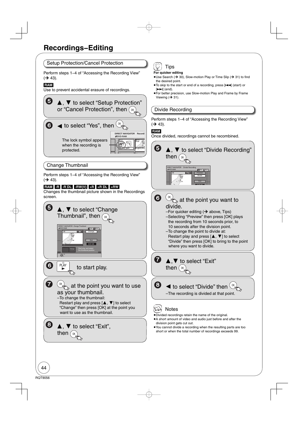 Recordings − editing, At the point you want to divide, At the point you want to use as your thumbnail | Divide recording, Setup protection/cancel protection, Tips, Change thumbnail | Panasonic DIGA DMR-EZ48V User Manual | Page 44 / 100