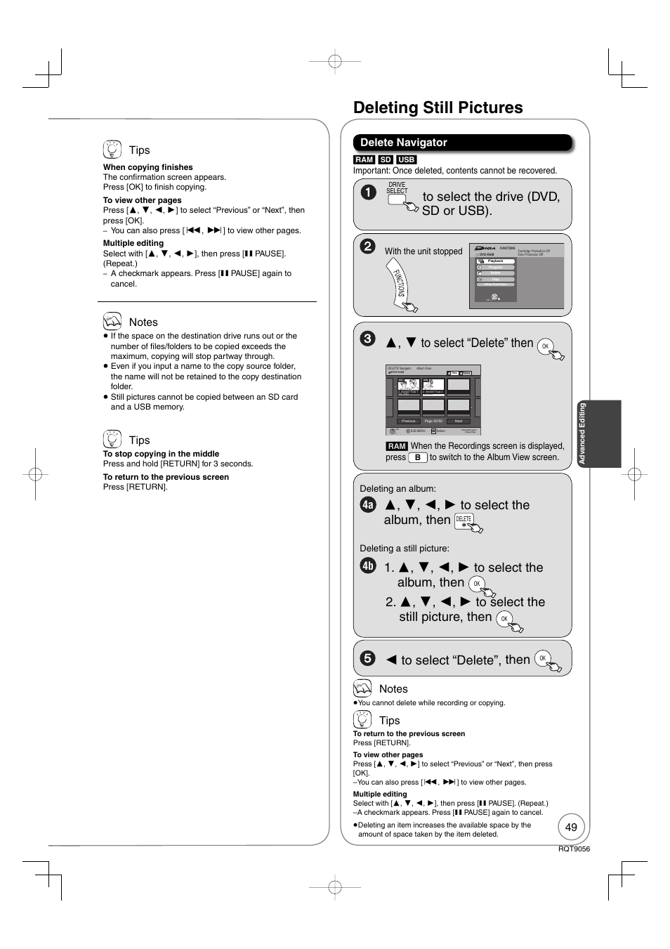 Deleting still pictures, Tips, Delete navigator | Panasonic DIGA DMR-EZ48V User Manual | Page 49 / 100