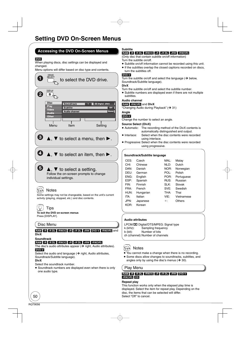 Setting menus, Setting dvd on-screen menus | Panasonic DIGA DMR-EZ48V User Manual | Page 50 / 100