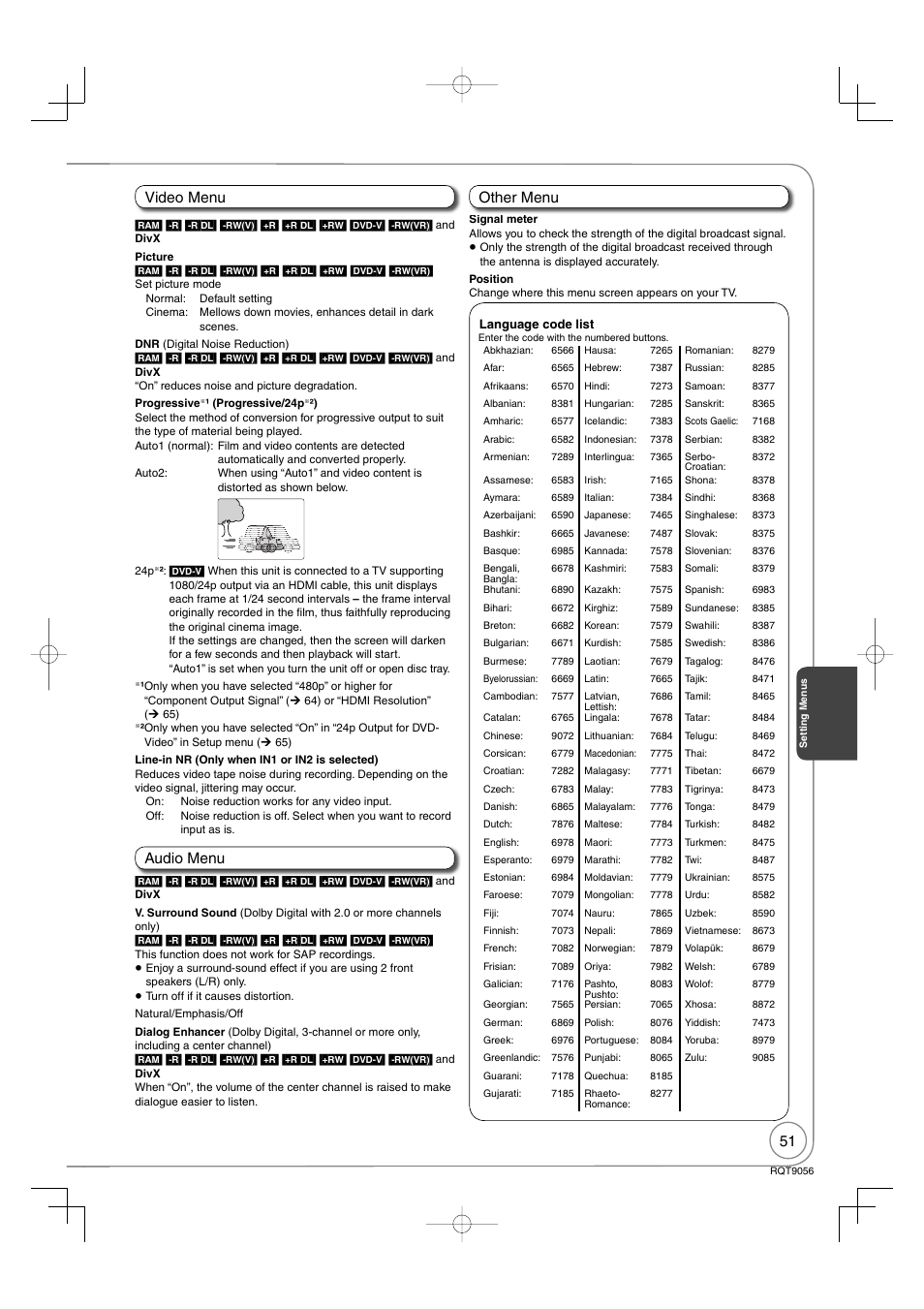 Video menu audio menu other menu | Panasonic DIGA DMR-EZ48V User Manual | Page 51 / 100