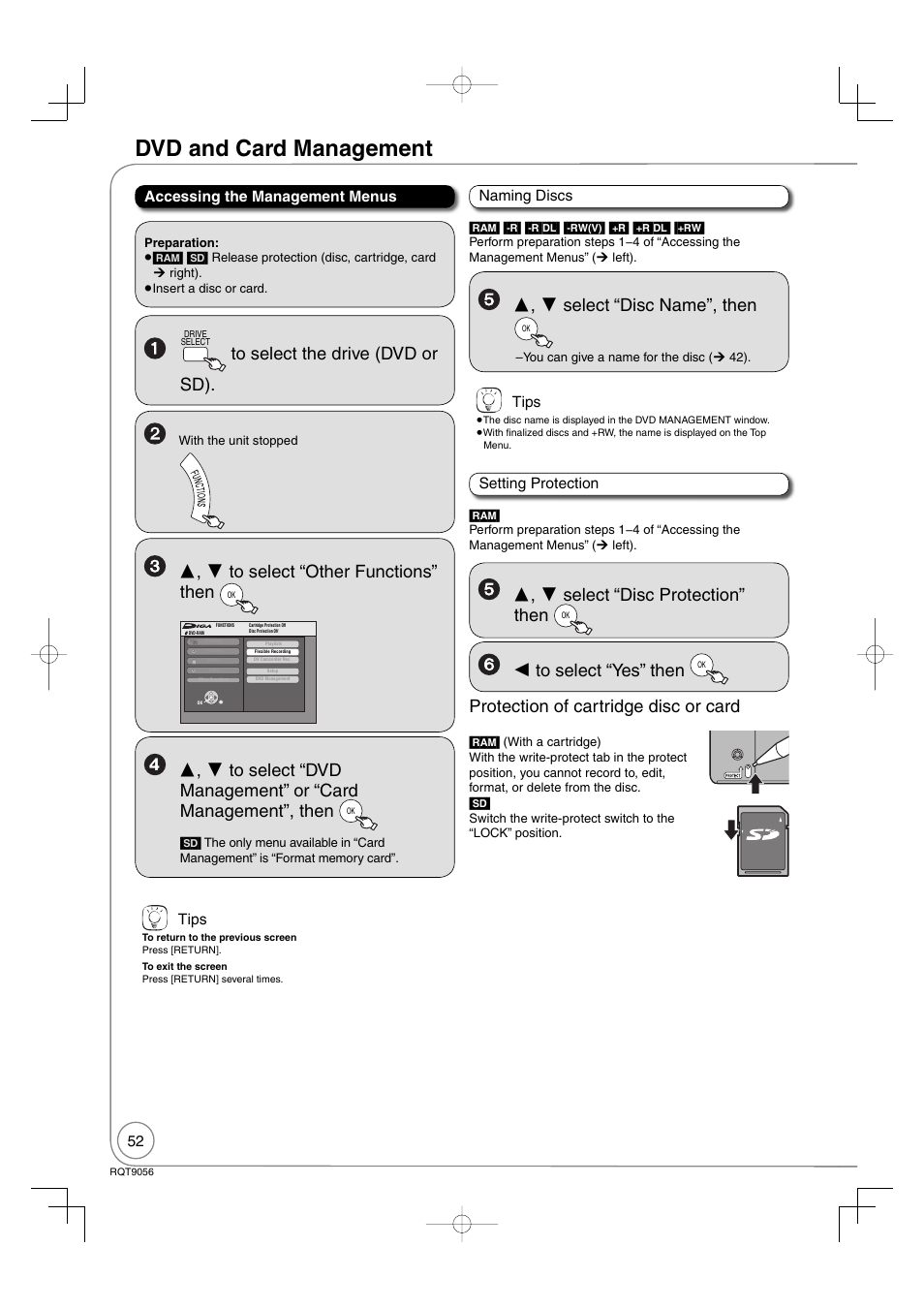 Dvd and card management, Select “disc name”, then, Select “disc protection” then | Protection of cartridge disc or card | Panasonic DIGA DMR-EZ48V User Manual | Page 52 / 100