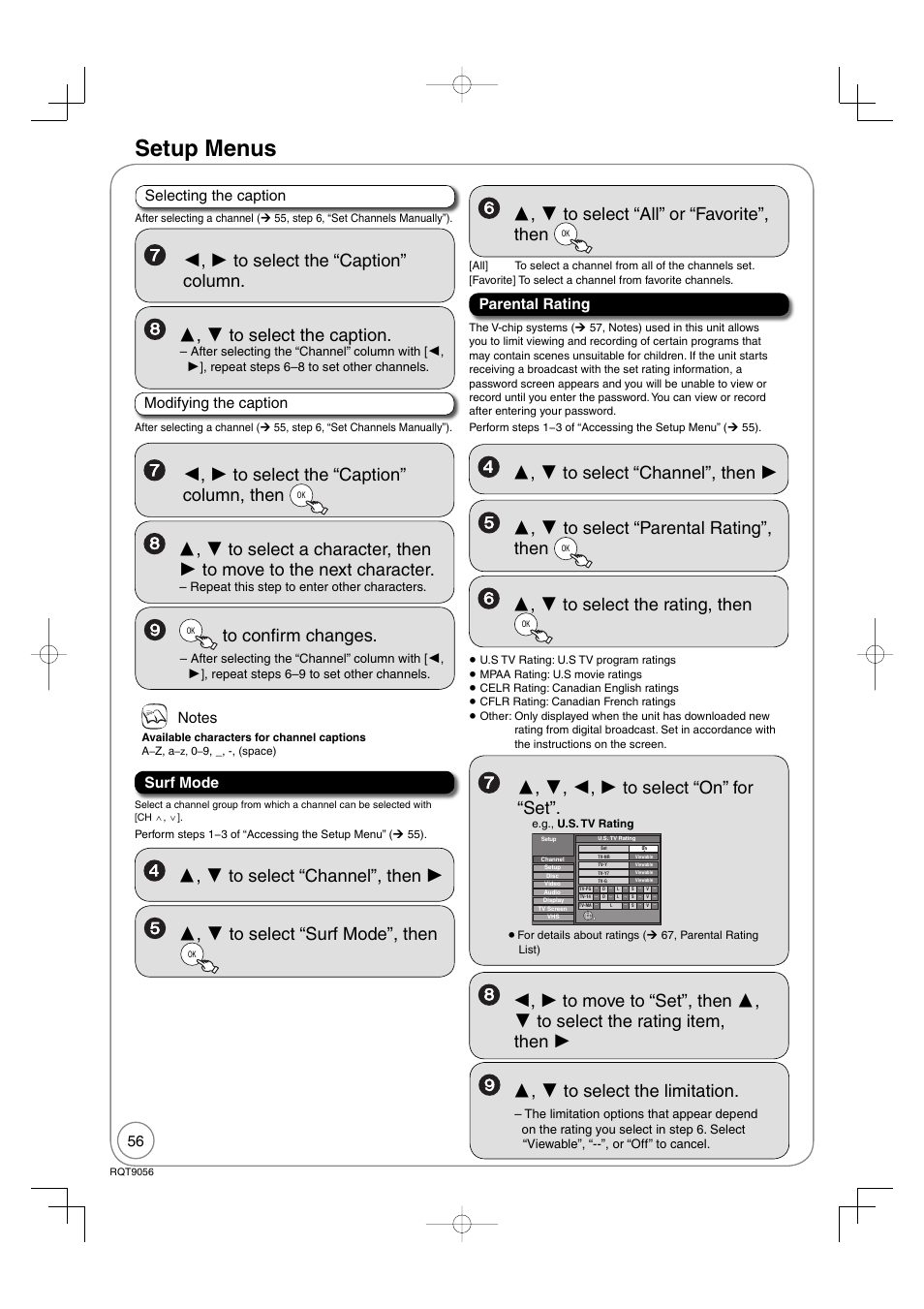 Setup menus, Modifying the caption, Surf mode | Parental rating, Selecting the caption | Panasonic DIGA DMR-EZ48V User Manual | Page 56 / 100