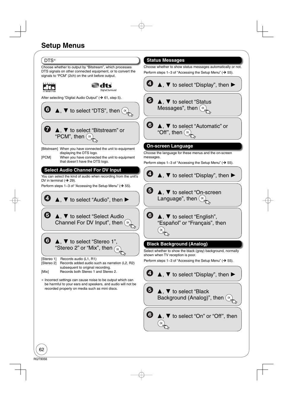 Setup menus | Panasonic DIGA DMR-EZ48V User Manual | Page 62 / 100