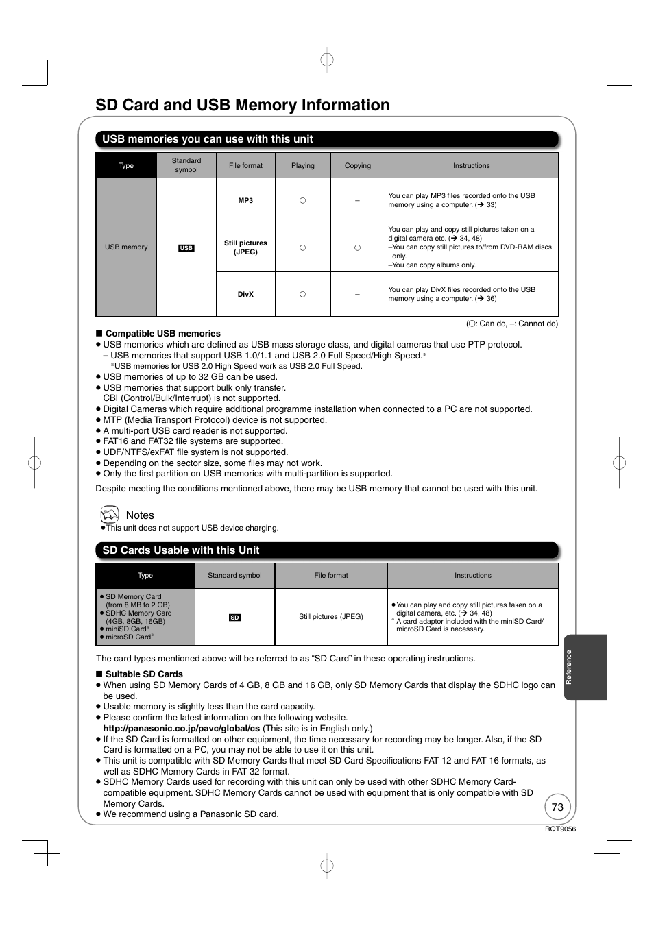 Sd card and usb memory information, Sd cards usable with this unit | Panasonic DIGA DMR-EZ48V User Manual | Page 73 / 100