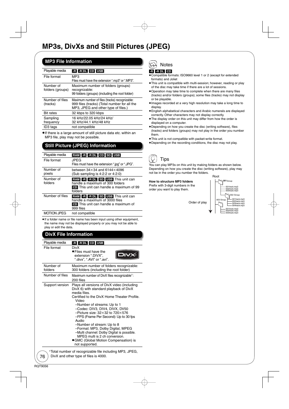 Mp3s, divx and still pictures (jpeg), Mp3s, divxs and still pictures (jpeg), Divx file information | Tips | Panasonic DIGA DMR-EZ48V User Manual | Page 76 / 100