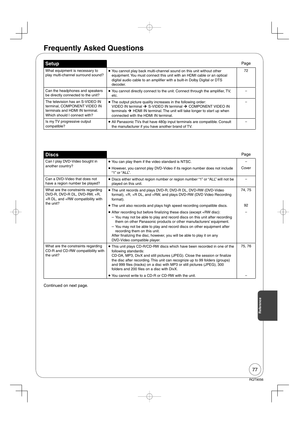 Frequently asked questions, Discs, Setup | Panasonic DIGA DMR-EZ48V User Manual | Page 77 / 100