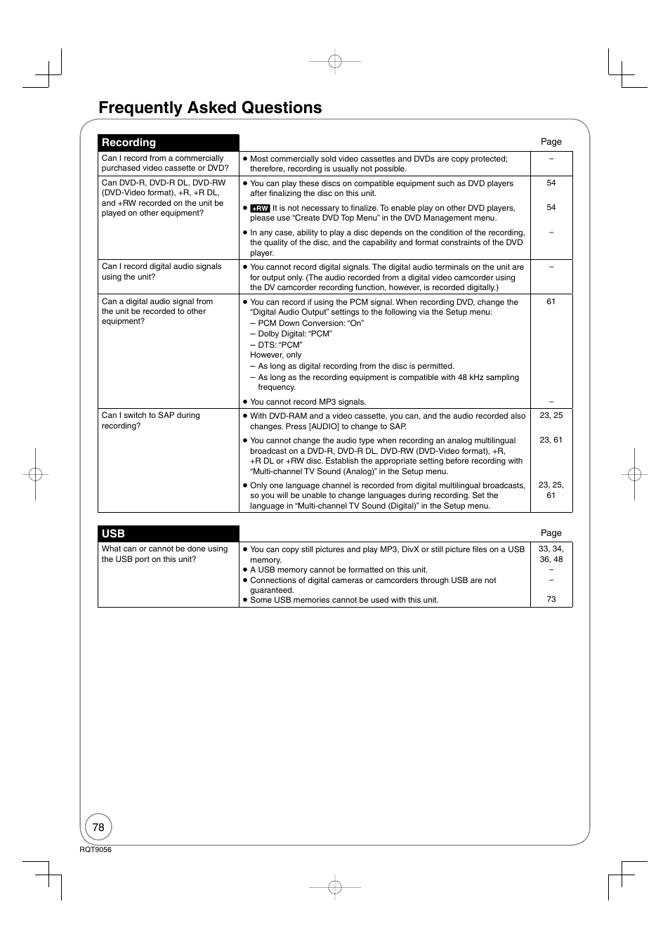 Frequently asked questions | Panasonic DIGA DMR-EZ48V User Manual | Page 78 / 100