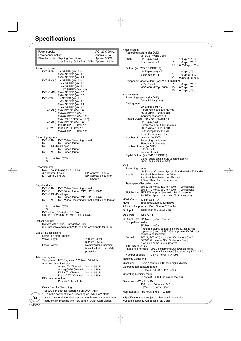 Specifications, Specifi cations | Panasonic DIGA DMR-EZ48V User Manual | Page 92 / 100