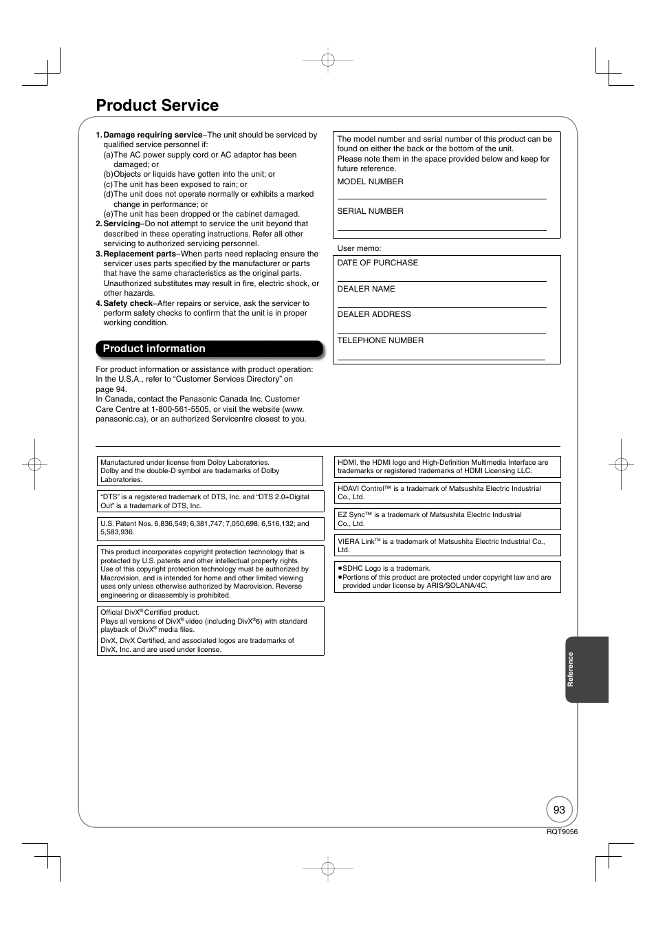 Product service, Product information | Panasonic DIGA DMR-EZ48V User Manual | Page 93 / 100