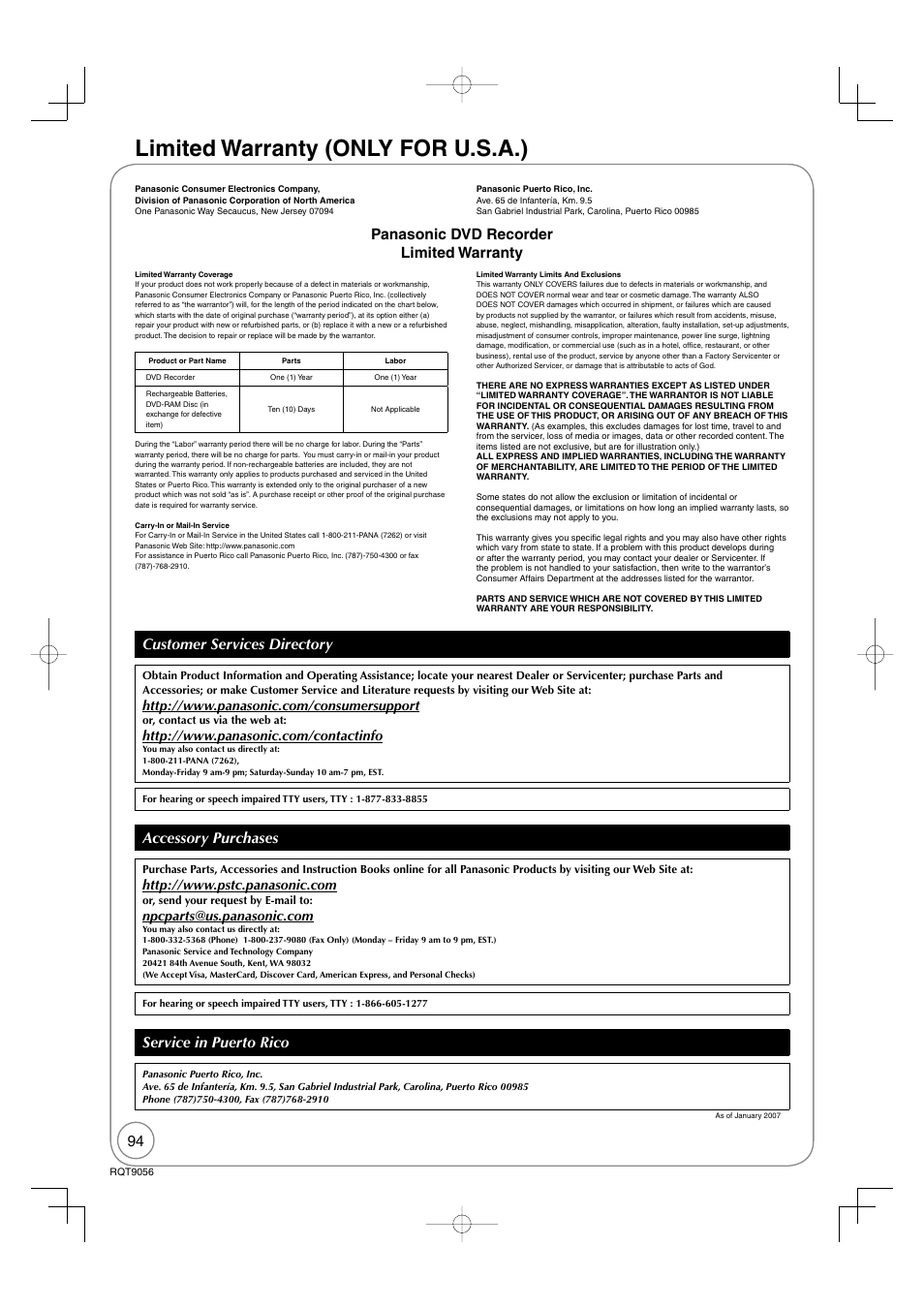 Limited warranty (only for u.s.a.), Accessory purchases, Service in puerto rico | Panasonic DIGA DMR-EZ48V User Manual | Page 94 / 100