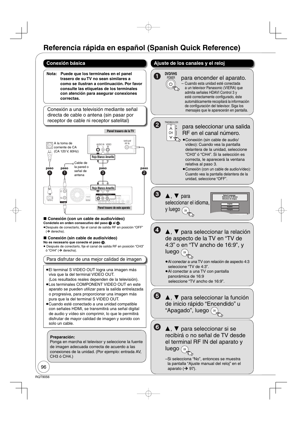 Para encender el aparato, Para seleccionar una salida rf en el canal número, Para seleccionar el idioma, y luego | Conexión básica, Ajuste de los canales y el reloj | Panasonic DIGA DMR-EZ48V User Manual | Page 96 / 100