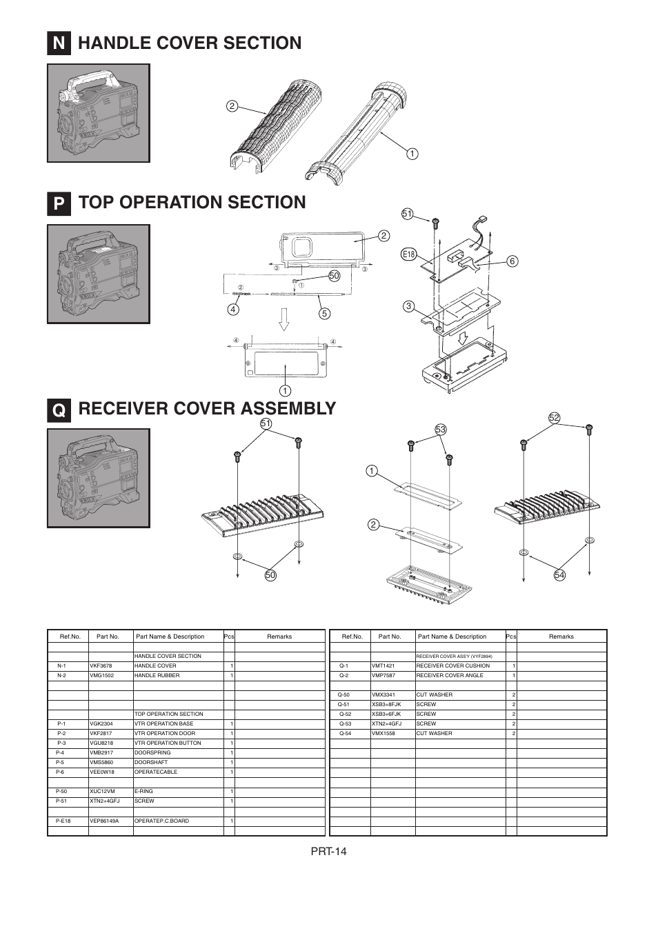 N] handle cover section, P] top operation section, Q] receiver cover assembly | Np q, Prt-14 | Panasonic AJ-HDX900MC User Manual | Page 16 / 26