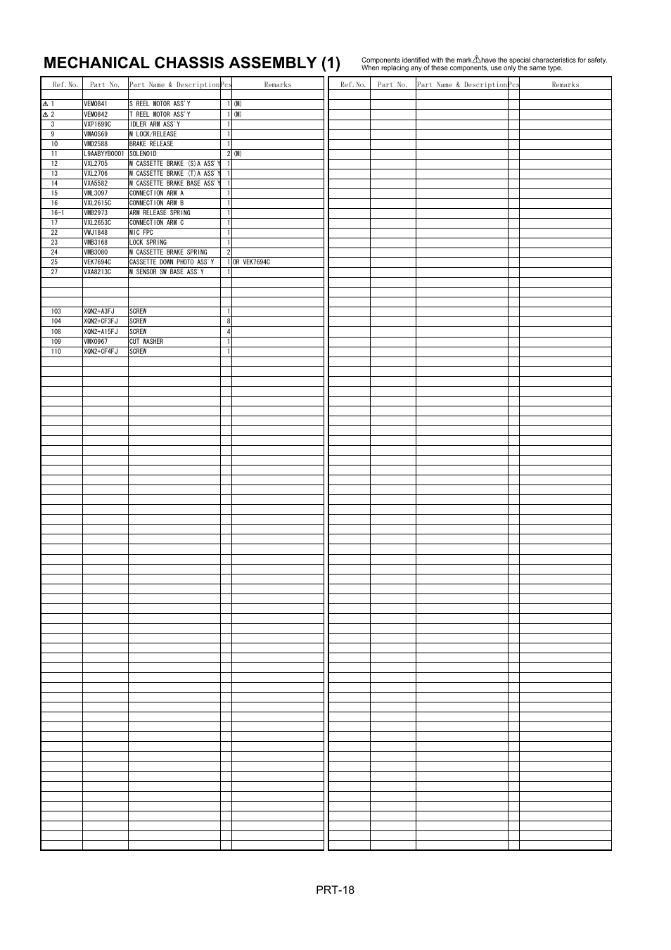 Mechanical chassis assembly (1), Prt- 18 | Panasonic AJ-HDX900MC User Manual | Page 20 / 26