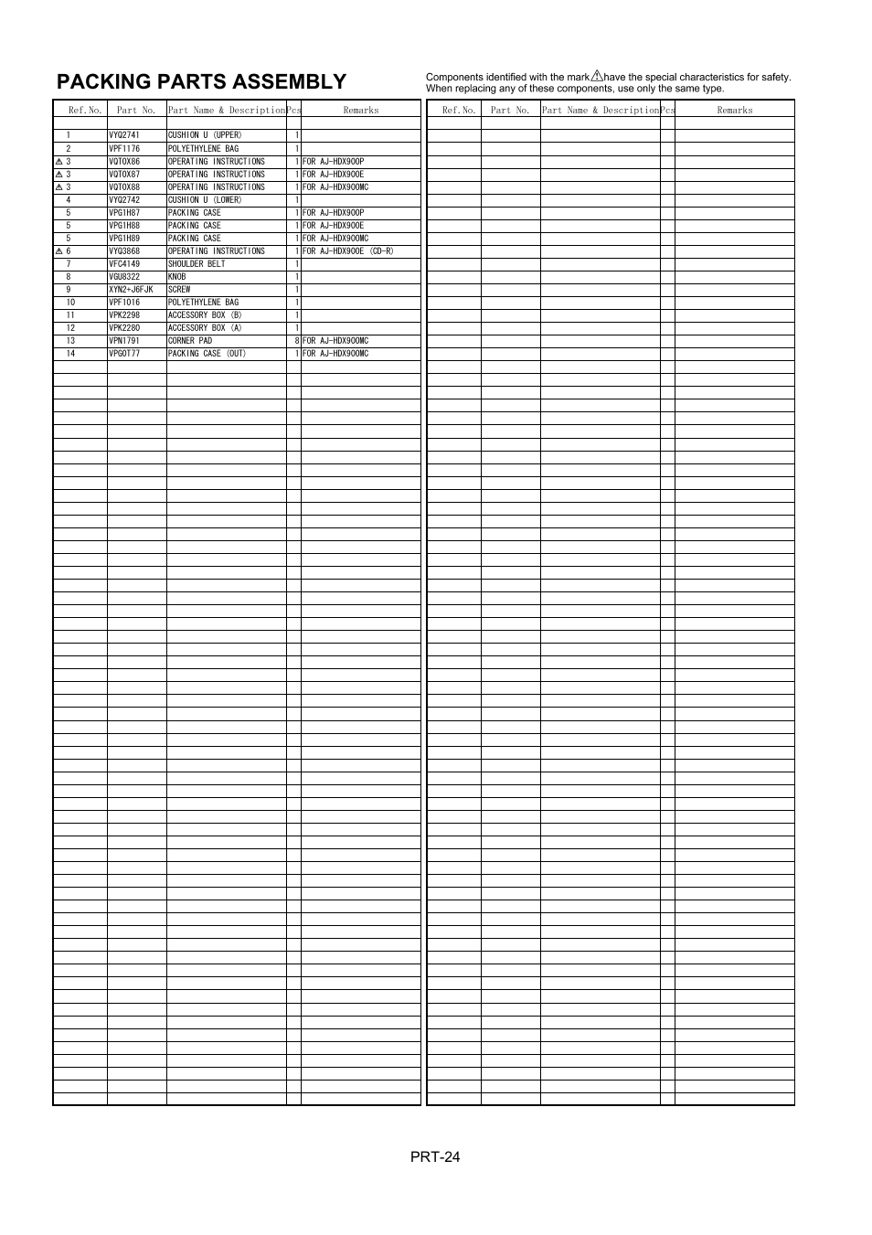 Packing parts assembly, Prt-24 | Panasonic AJ-HDX900MC User Manual | Page 26 / 26