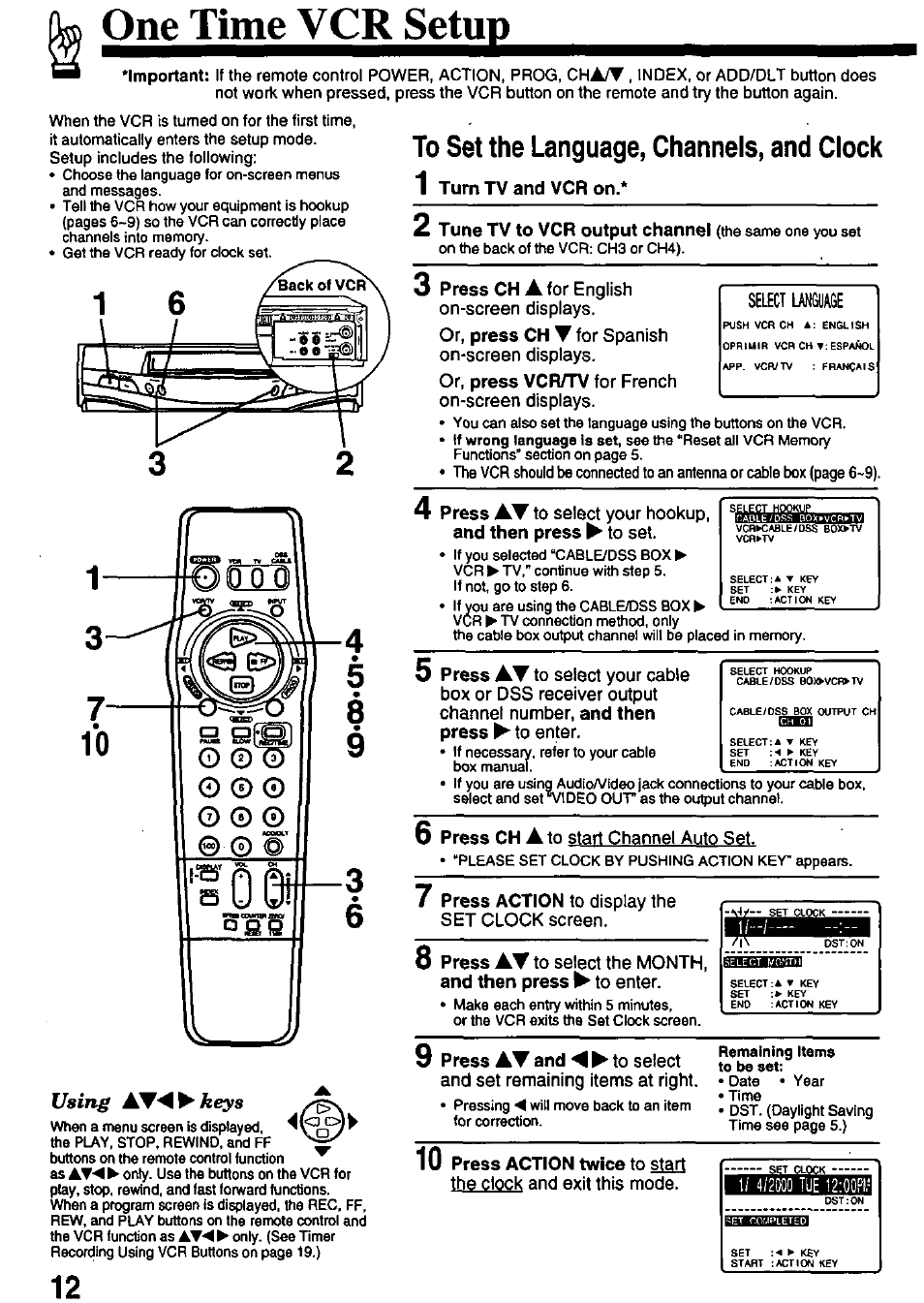 One time vcr setup, To set the language, channels, and clock, 1 turn tv and vcr on | Panasonic OMNIVISION PV-8402 User Manual | Page 12 / 36