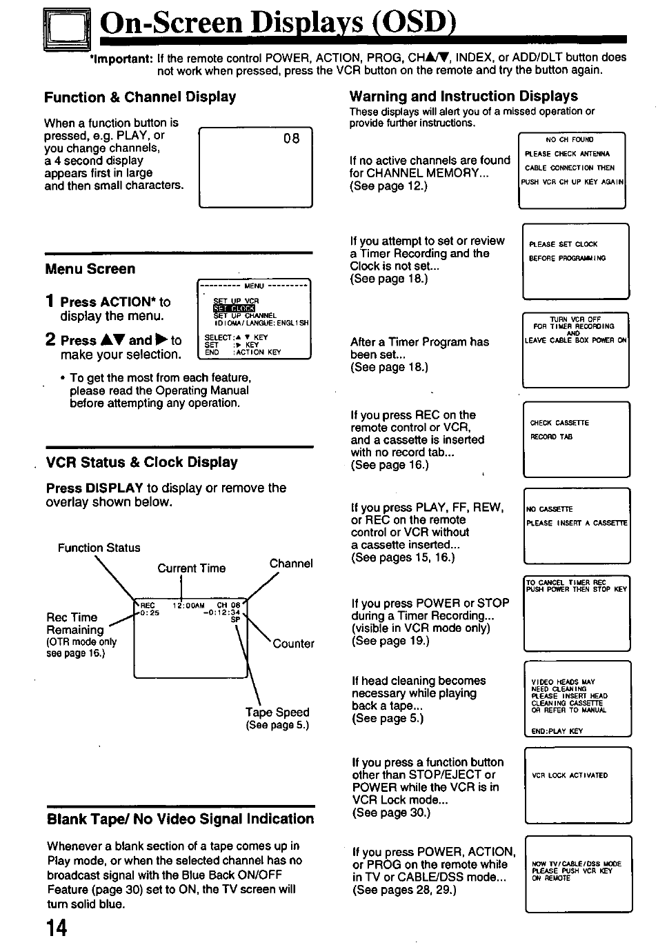 N on-screen displays (osd), Function & channel display, Menu screen | 1 press actionmo, 2 press at and ^ to, Vcr status & clock display, Blank tape/ no video signal indication | Panasonic OMNIVISION PV-8402 User Manual | Page 14 / 36