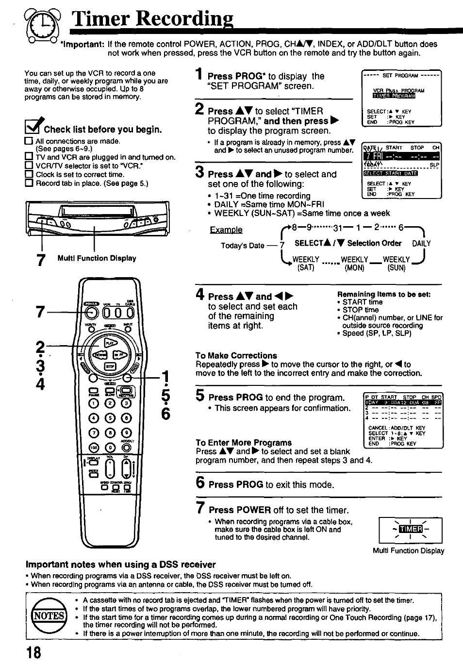 Timer recording, Stcheck list before you begin, Press at and | Important notes when using a dss receiver | Panasonic OMNIVISION PV-8402 User Manual | Page 18 / 36